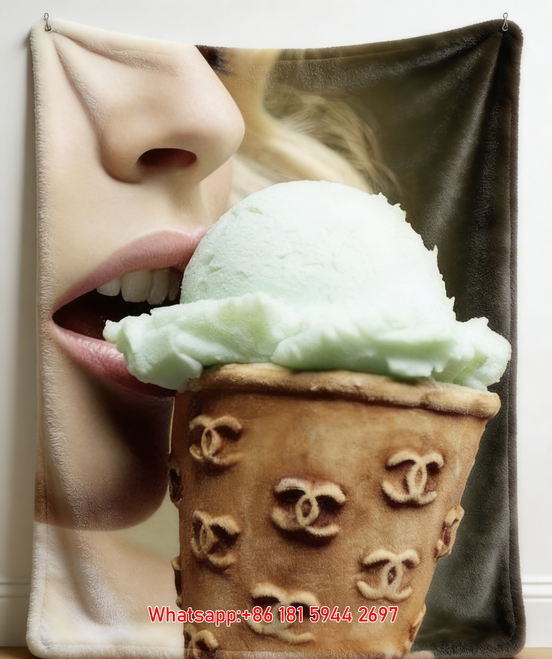 Luxury Chanel Mint Ice Cream Cone Flannel Throw Blanket  Playful Sweet CC Logo Print IMG_7186